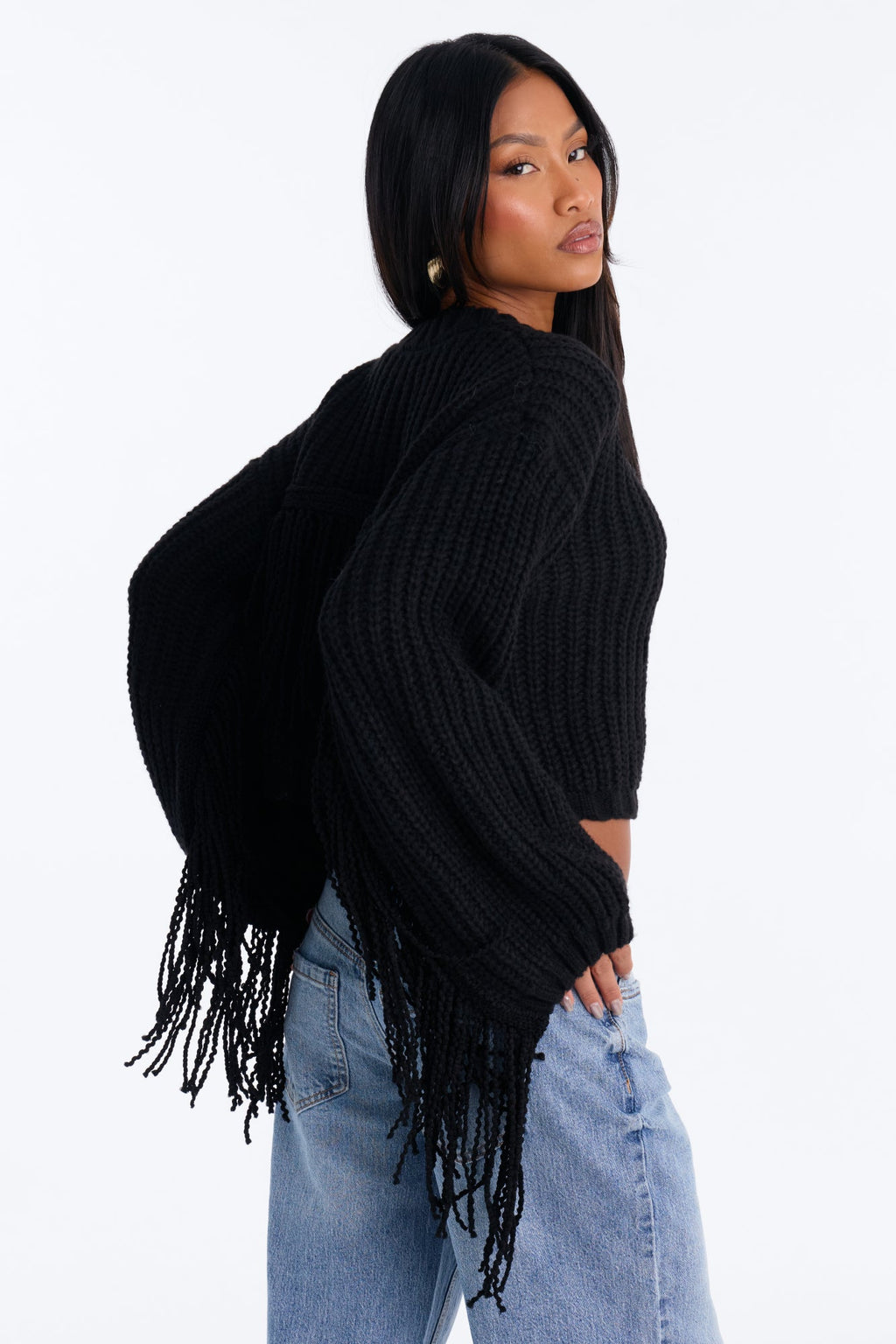 Wild Breeze Fringe Pullover Sweater - Black