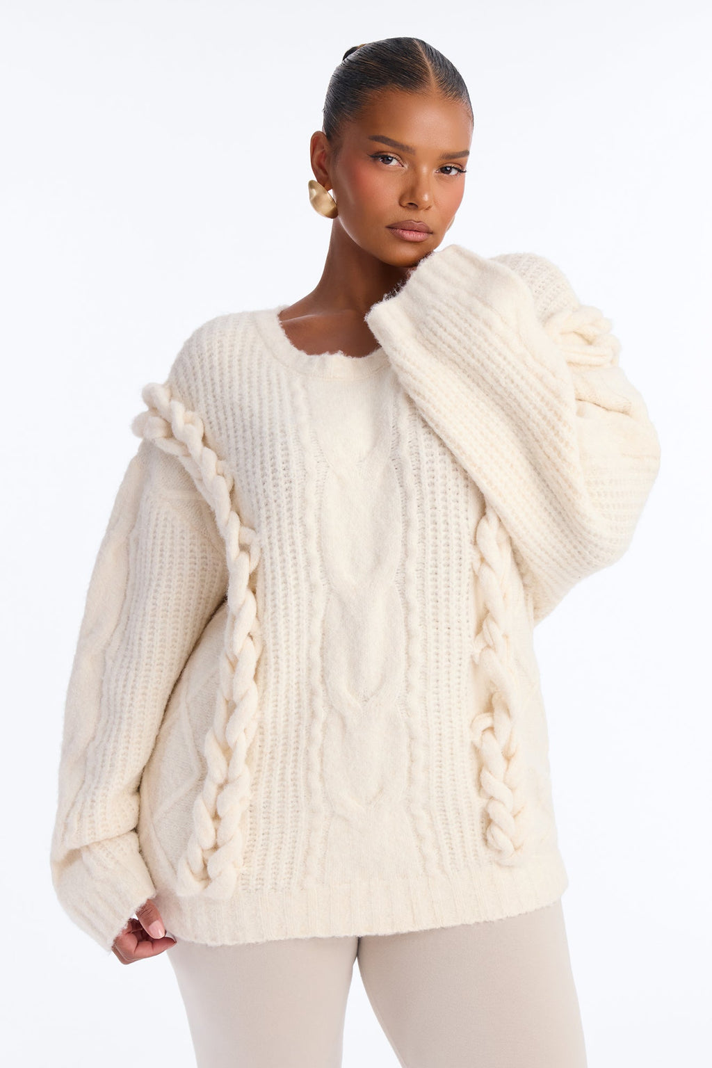 Halle Chunky Cable Knit Pullover Sweater - Cream
