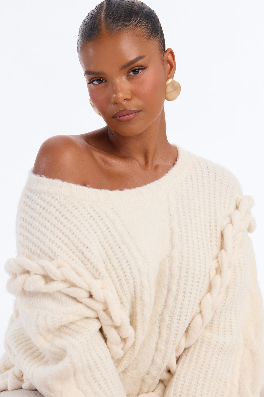 Halle Chunky Cable Knit Pullover Sweater - Cream