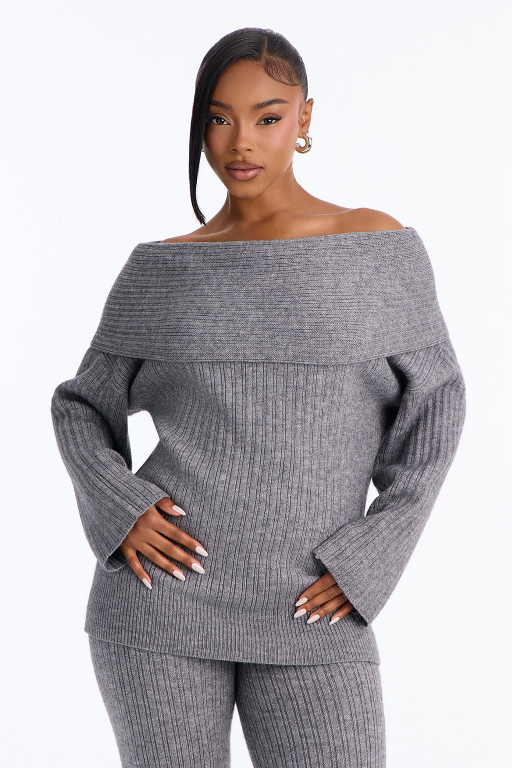 Gianna Off Shoulder Sweater Pant Set - Dark Grey