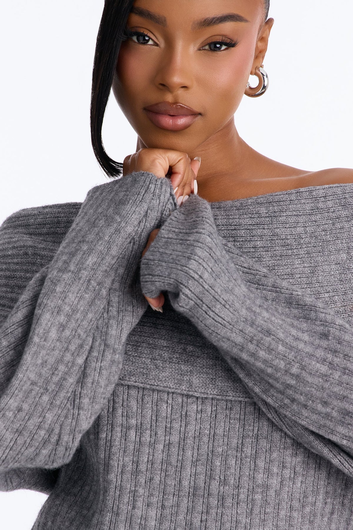 Gianna Off Shoulder Sweater Pant Set - Dark Grey