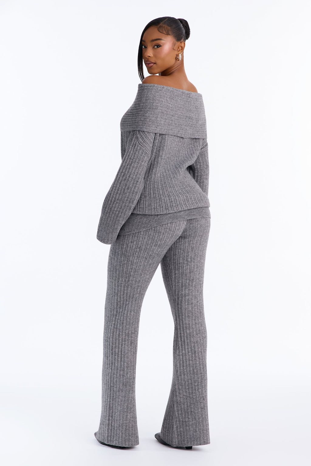 Gianna Off Shoulder Sweater Pant Set - Dark Grey