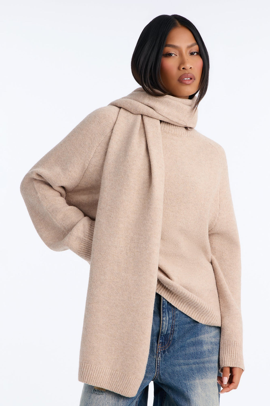 Serene Scarf 2 Piece Mock Neck Pullover Sweater - Taupe