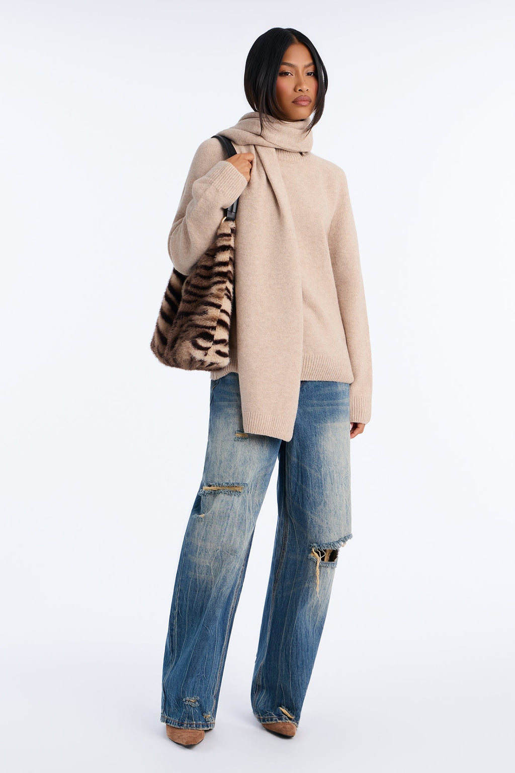 Serene Scarf 2 Piece Mock Neck Pullover Sweater - Taupe