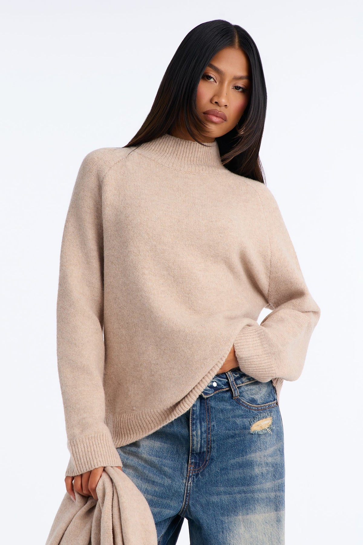 Serene Scarf 2 Piece Mock Neck Pullover Sweater - Taupe
