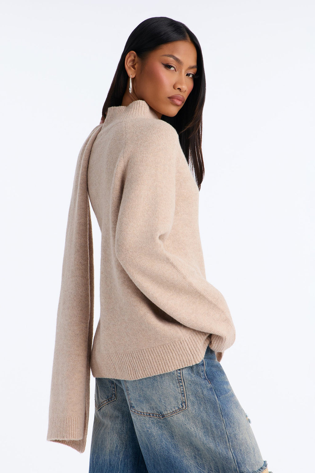 Serene Scarf 2 Piece Mock Neck Pullover Sweater - Taupe