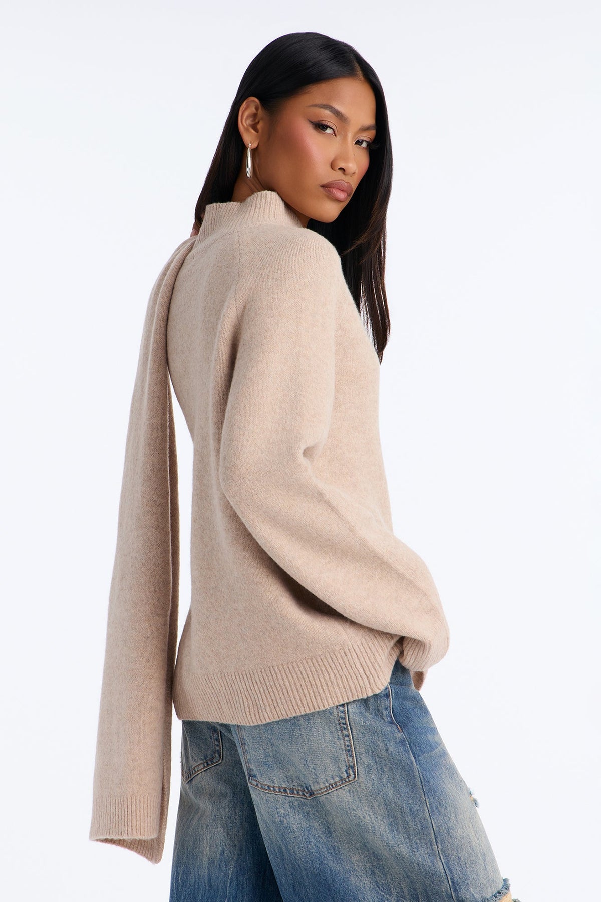 Serene Scarf 2 Piece Mock Neck Pullover Sweater - Taupe