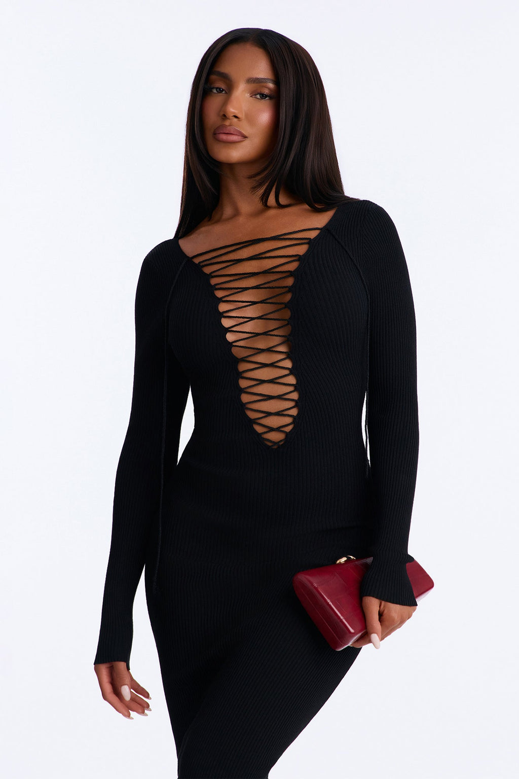 Katia Lace Up Long Sleeve Sweater Midi Dress - Black