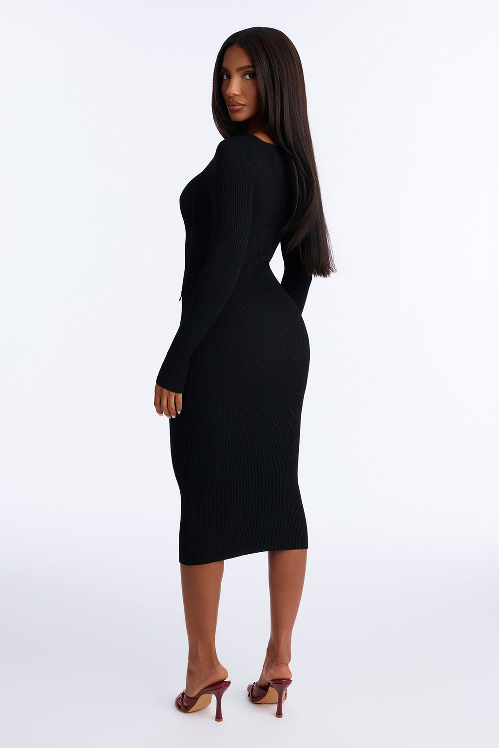 Katia Lace Up Long Sleeve Sweater Midi Dress - Black