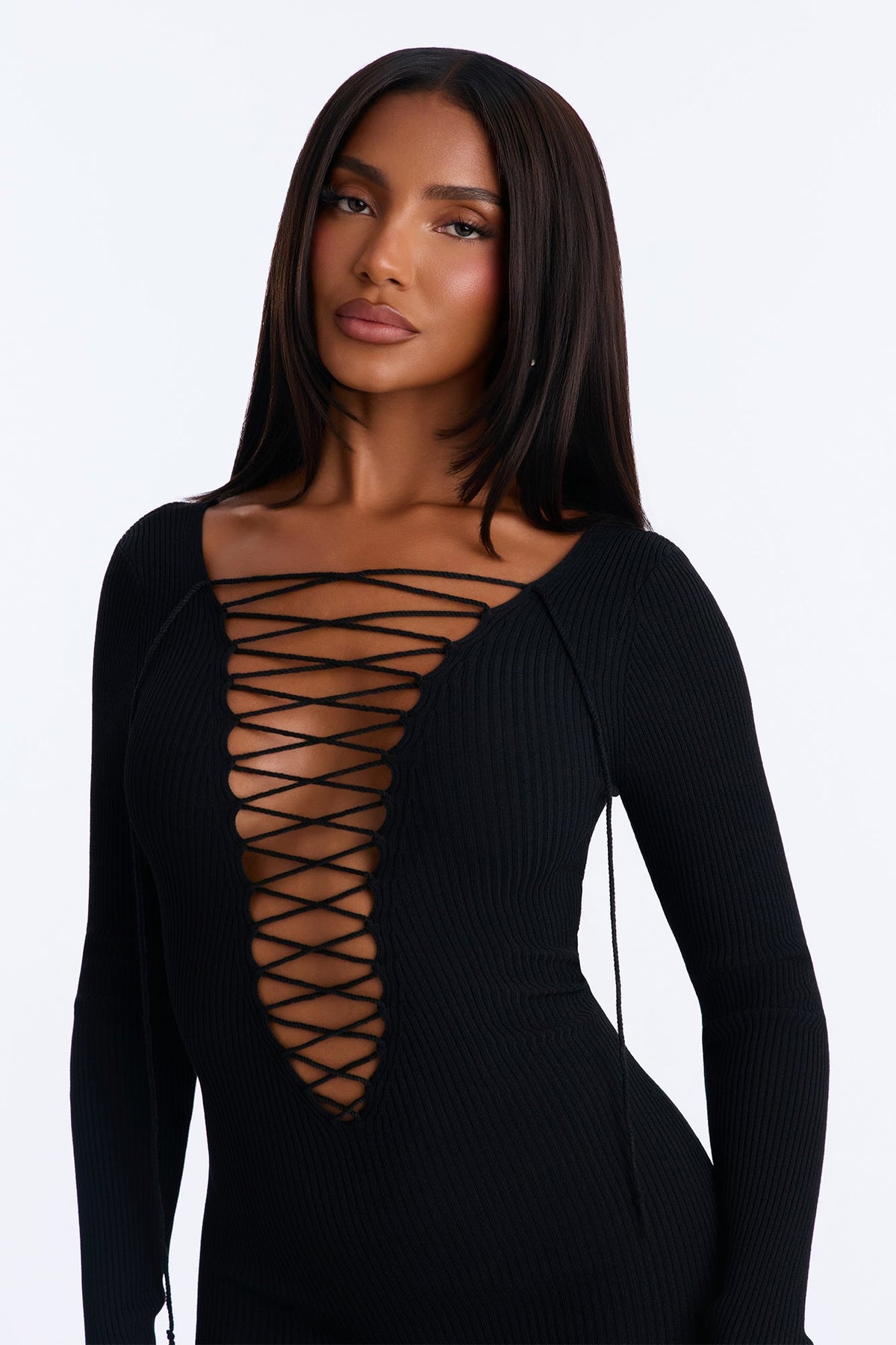 Katia Lace Up Long Sleeve Sweater Midi Dress - Black