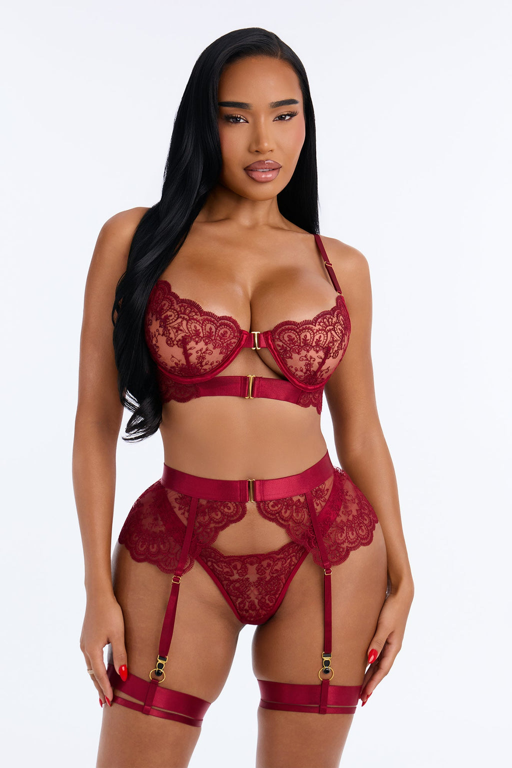 Skin Deep Lace 3 Piece Bra And Panty Garter Set - Burgundy