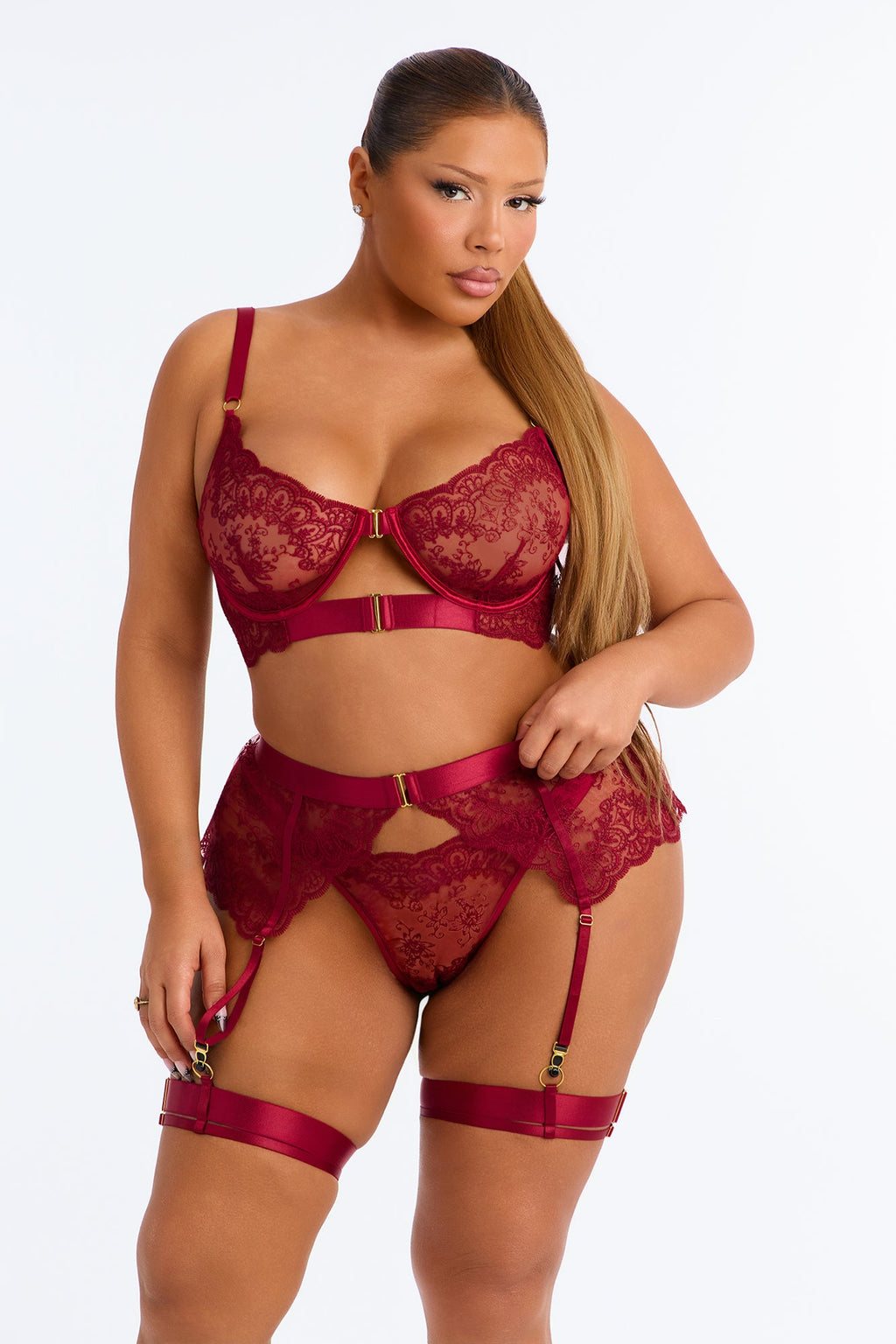 Skin Deep Lace 3 Piece Bra And Panty Garter Set - Burgundy
