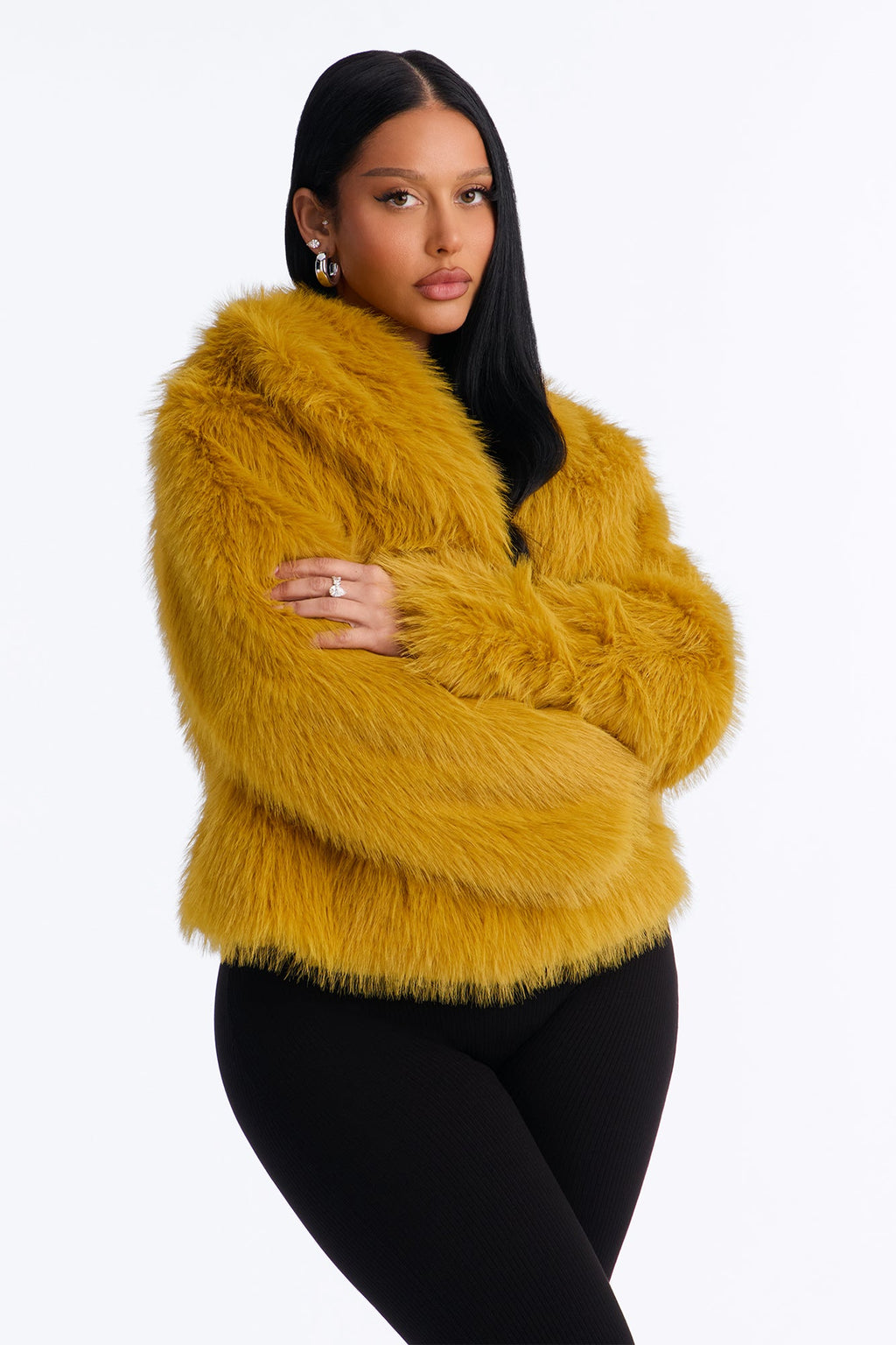 Lacy Faux Fur Long Sleeve Coat - Honey