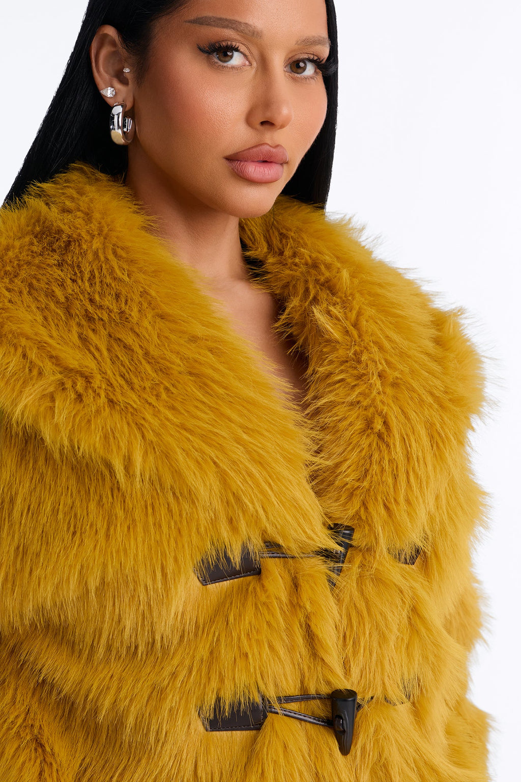Lacy Faux Fur Long Sleeve Coat - Honey
