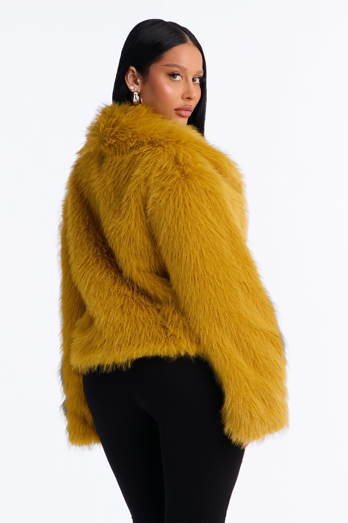 Lacy Faux Fur Long Sleeve Coat - Honey