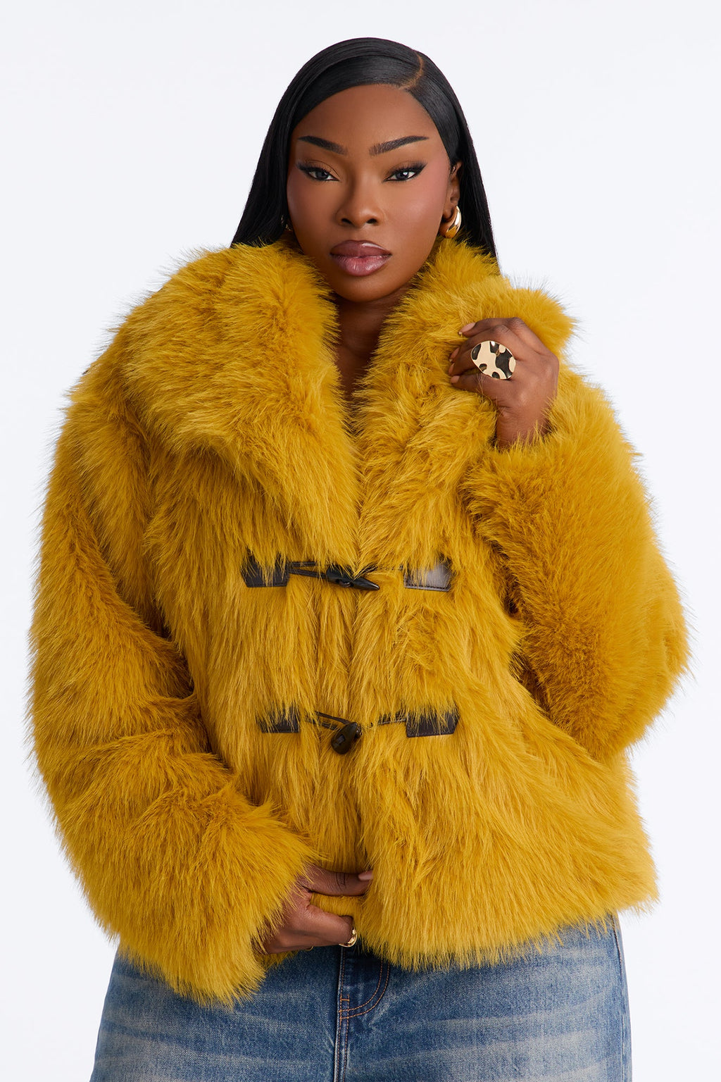 Lacy Faux Fur Long Sleeve Coat - Honey