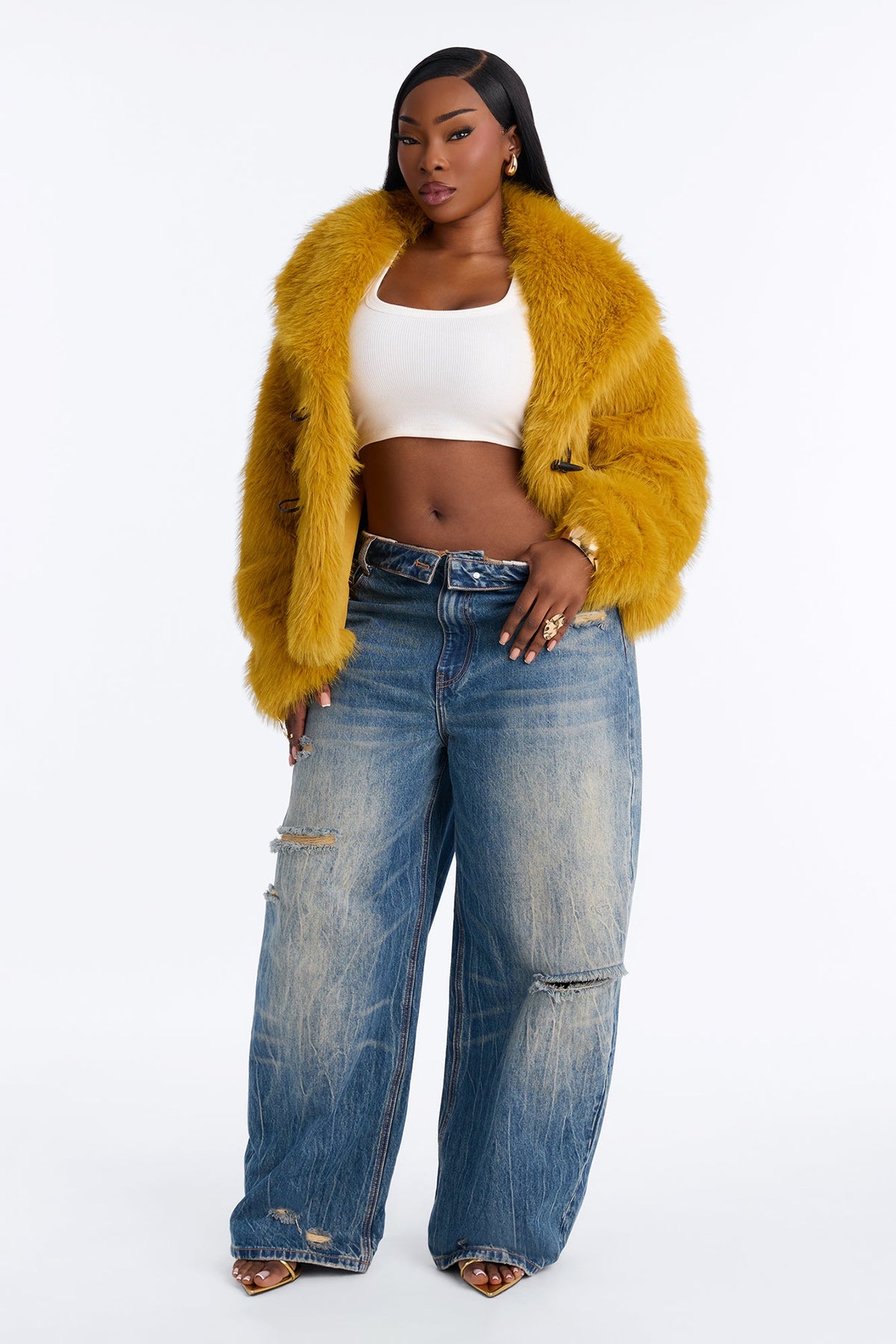 Lacy Faux Fur Long Sleeve Coat - Honey