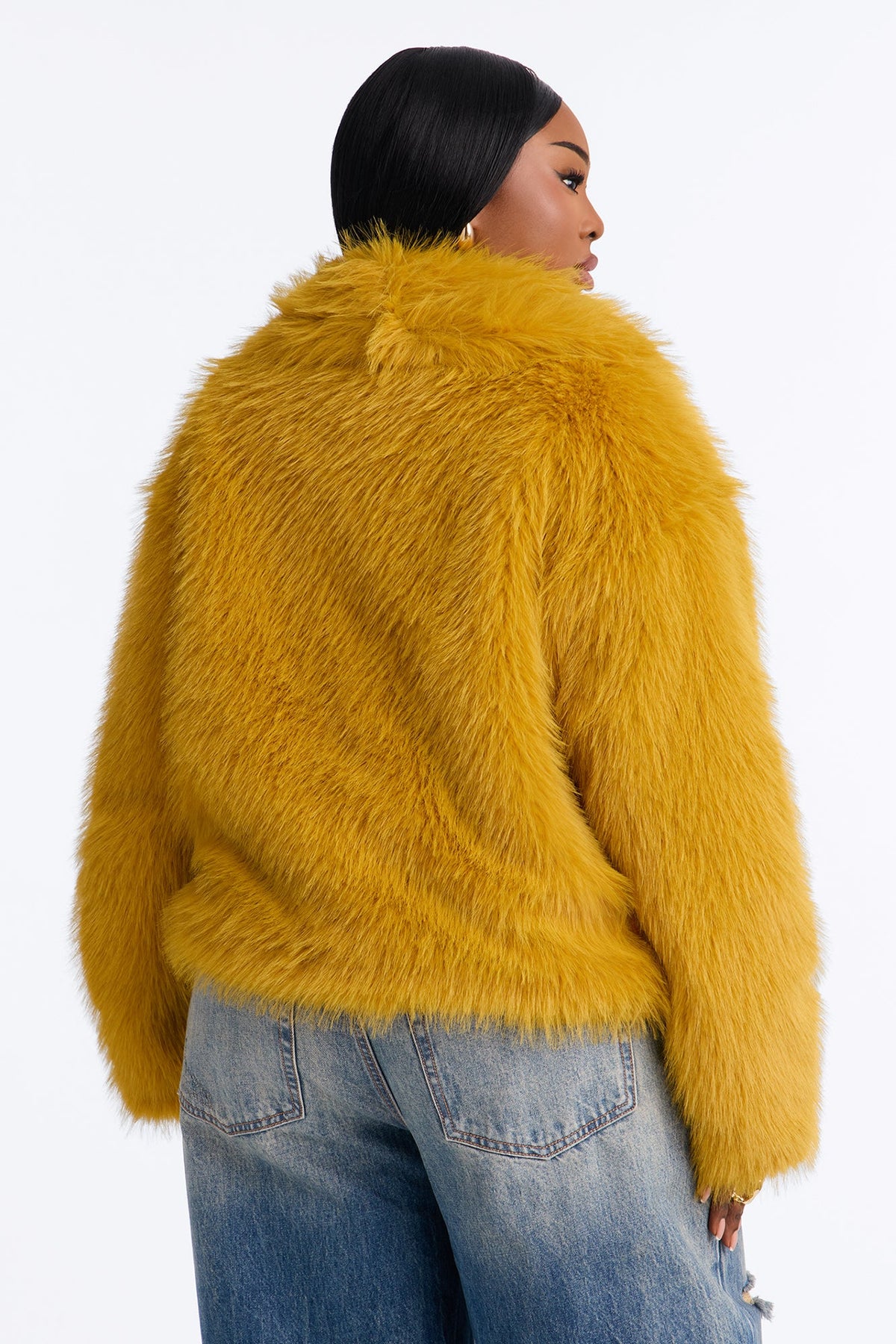 Lacy Faux Fur Long Sleeve Coat - Honey