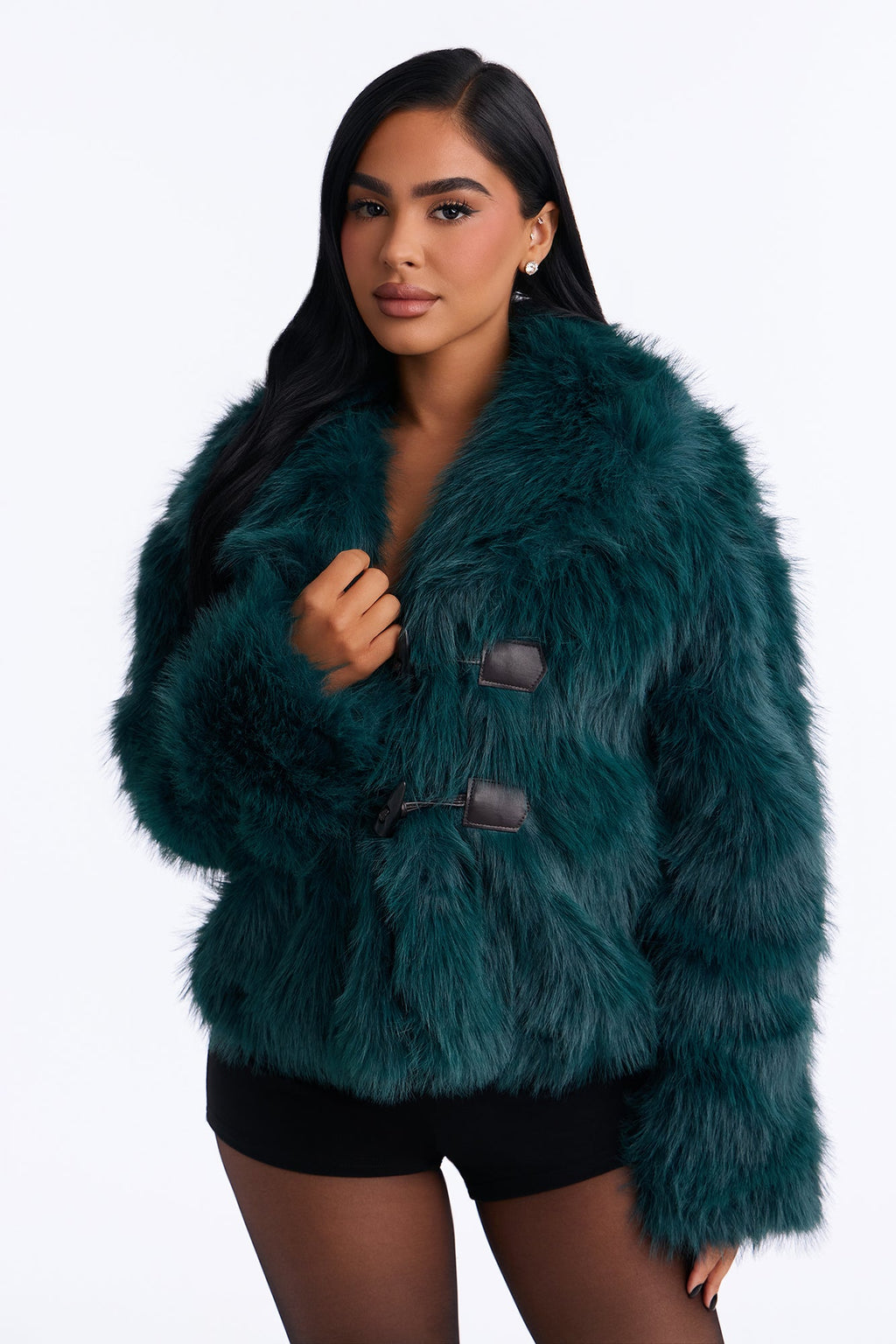 Lacy Faux Fur Long Sleeve Coat - Sage