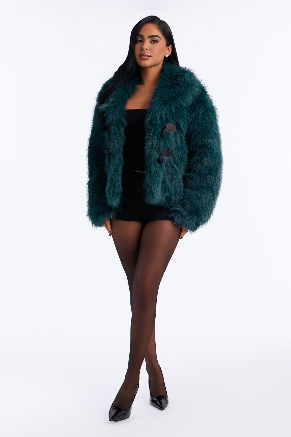 Lacy Faux Fur Long Sleeve Coat - Sage