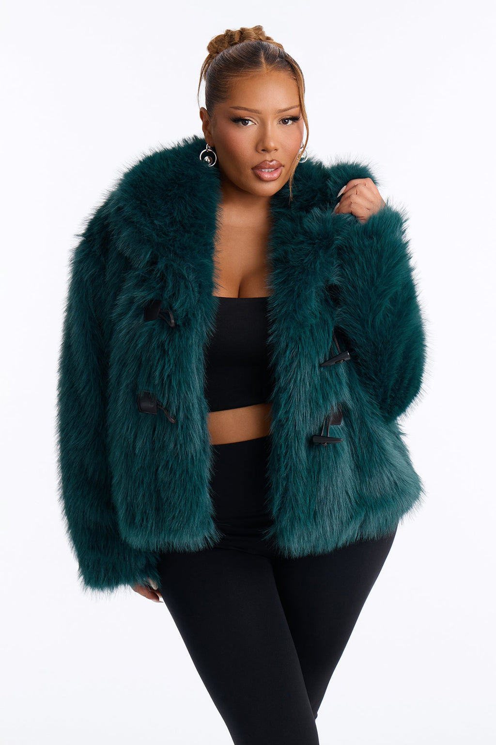 Lacy Faux Fur Long Sleeve Coat - Sage
