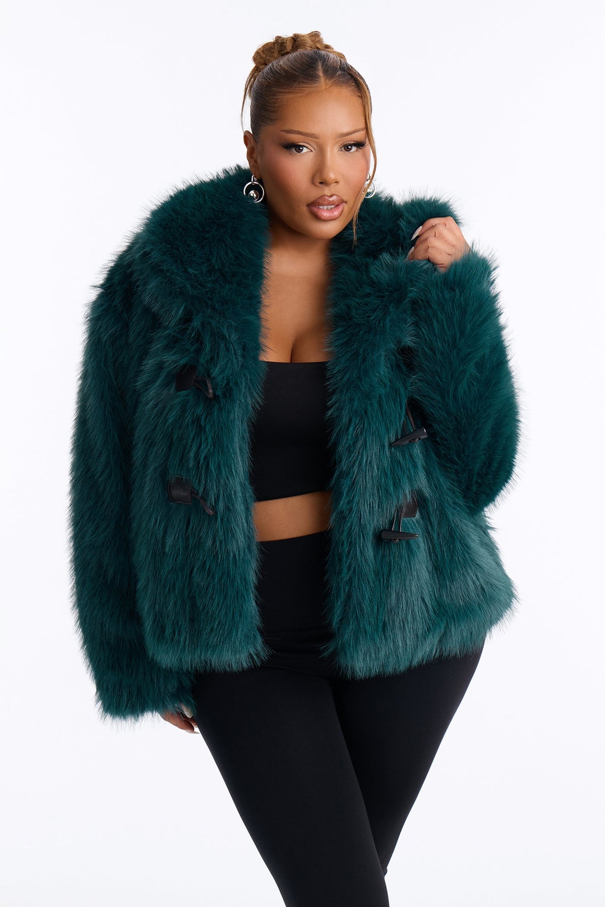 Lacy Faux Fur Long Sleeve Coat - Sage