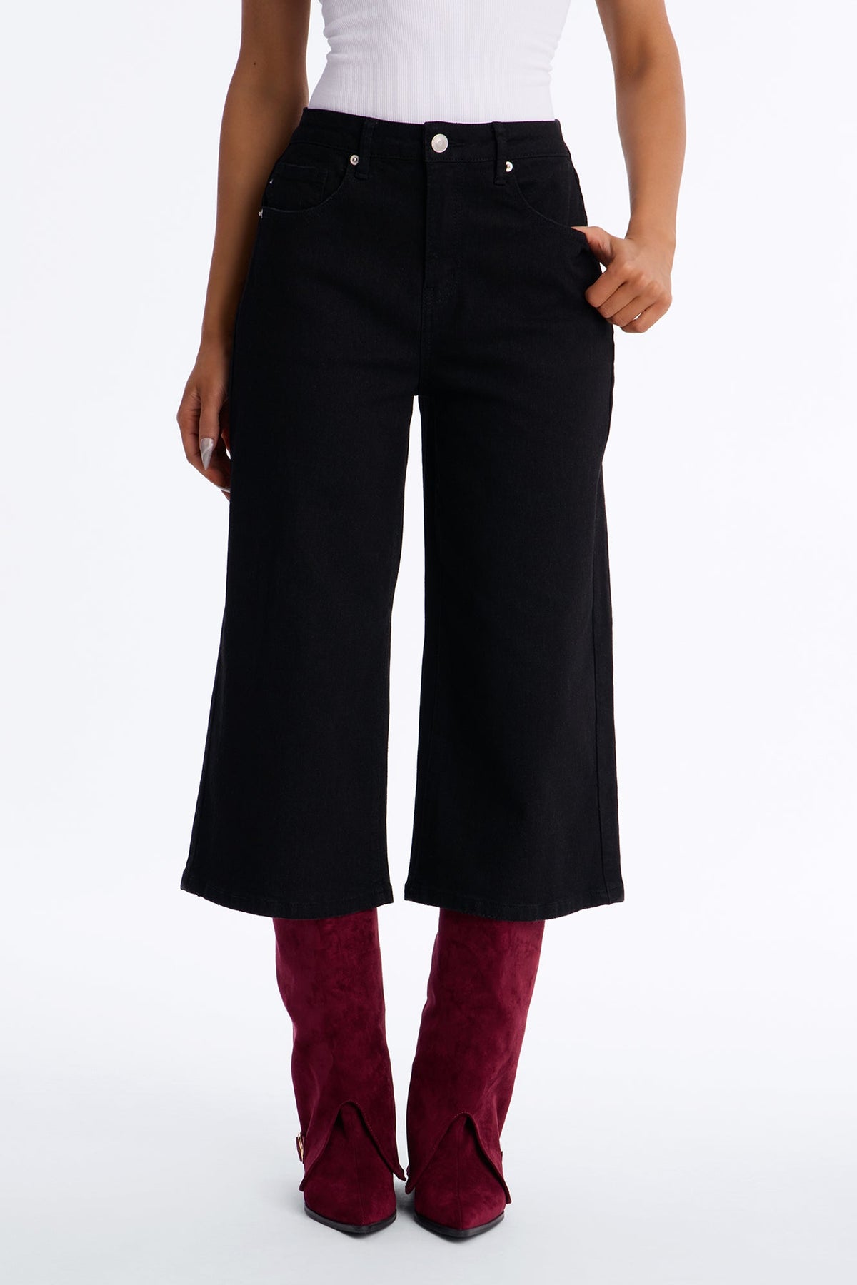 Fair Game Wide Leg Culotte Jeans - Black