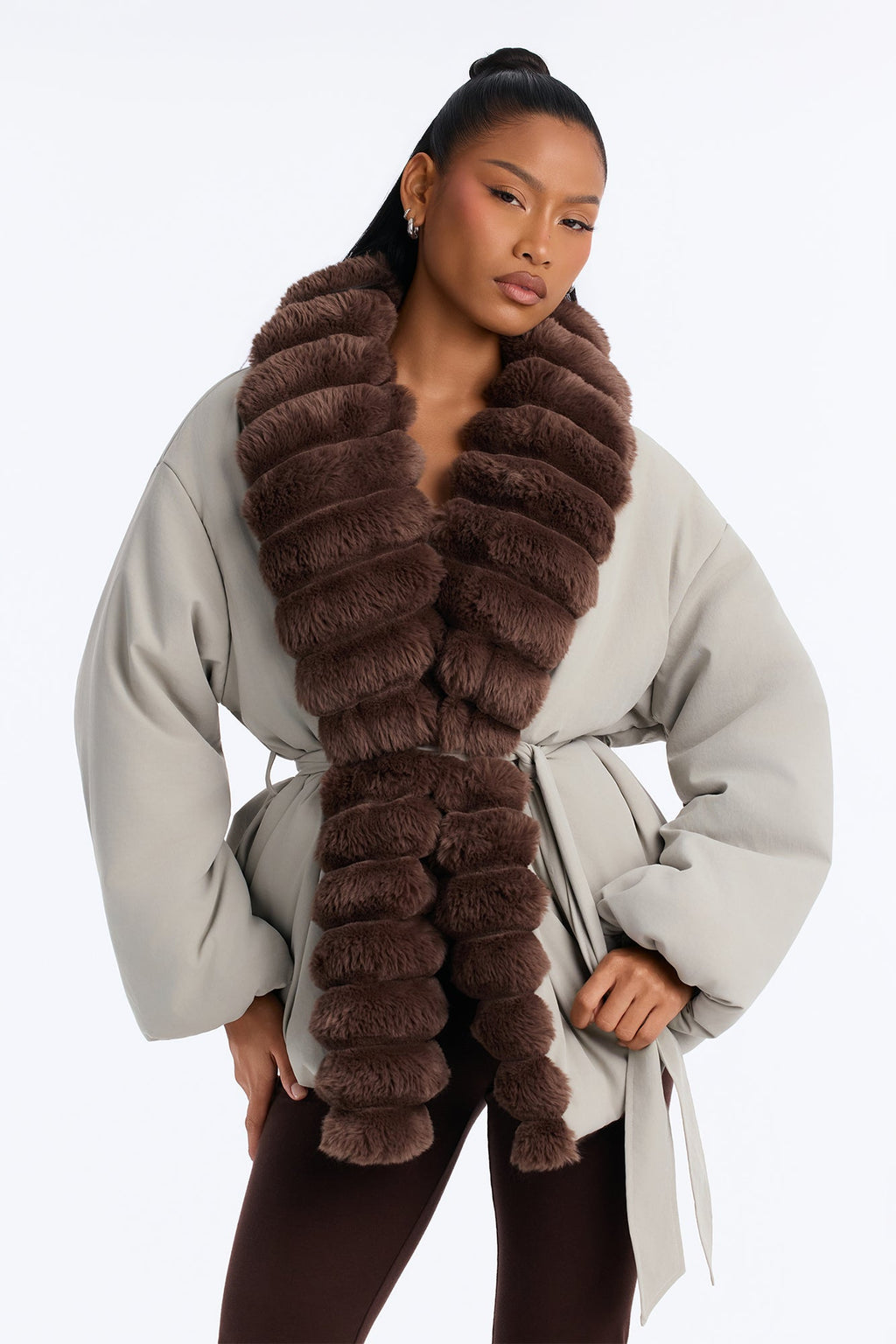 Caitlyn Fur Trim Belted Puffer Coat - Olive/combo