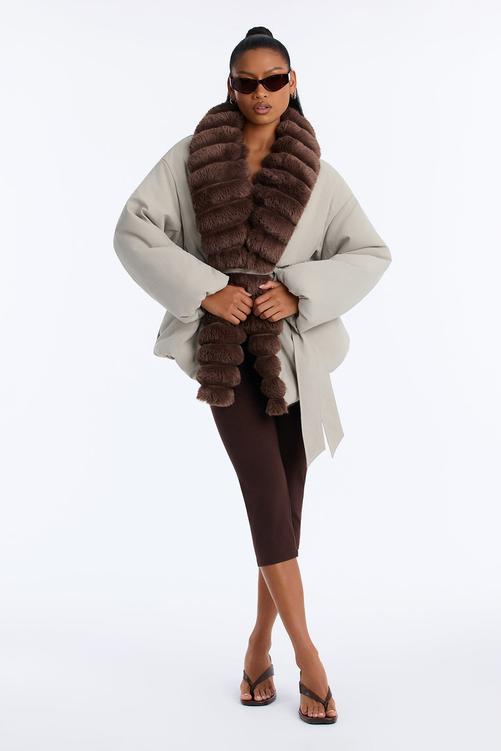 Caitlyn Fur Trim Belted Puffer Coat - Olive/combo