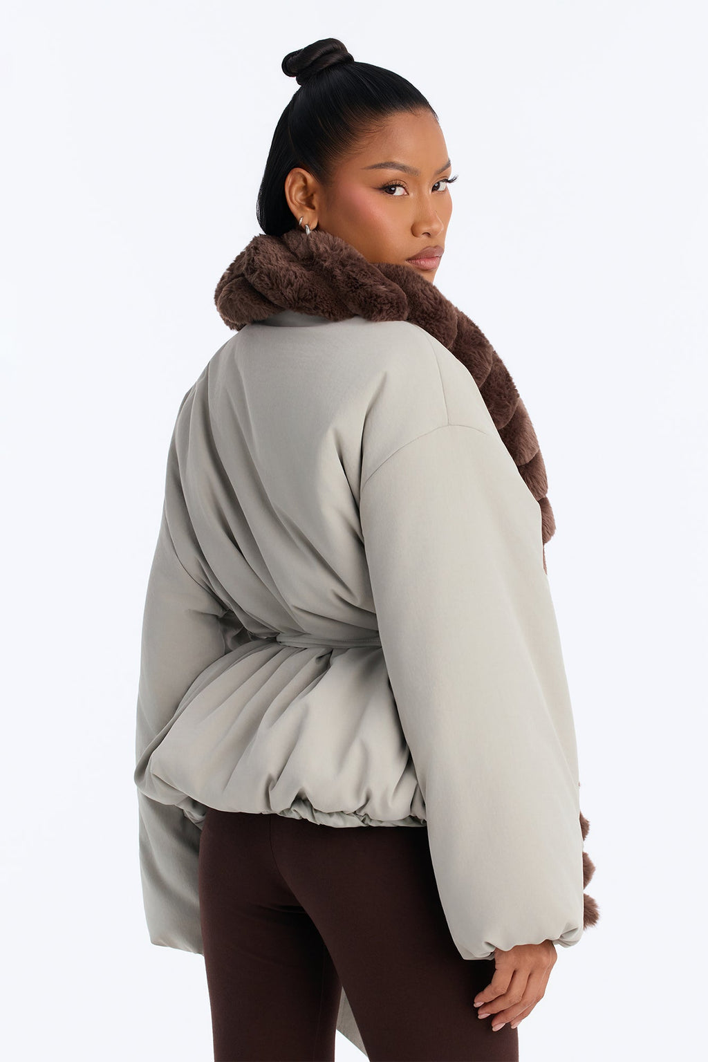 Caitlyn Fur Trim Belted Puffer Coat - Olive/combo