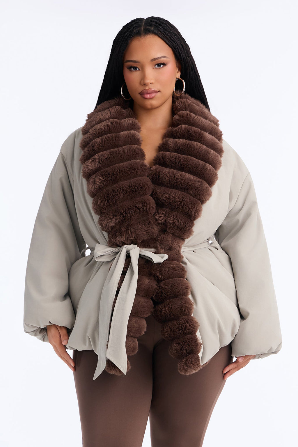 Caitlyn Fur Trim Belted Puffer Coat - Olive/combo