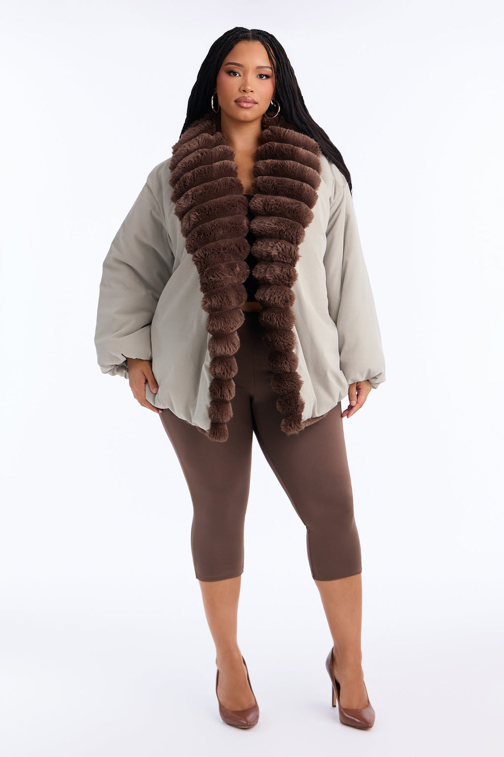 Caitlyn Fur Trim Belted Puffer Coat - Olive/combo