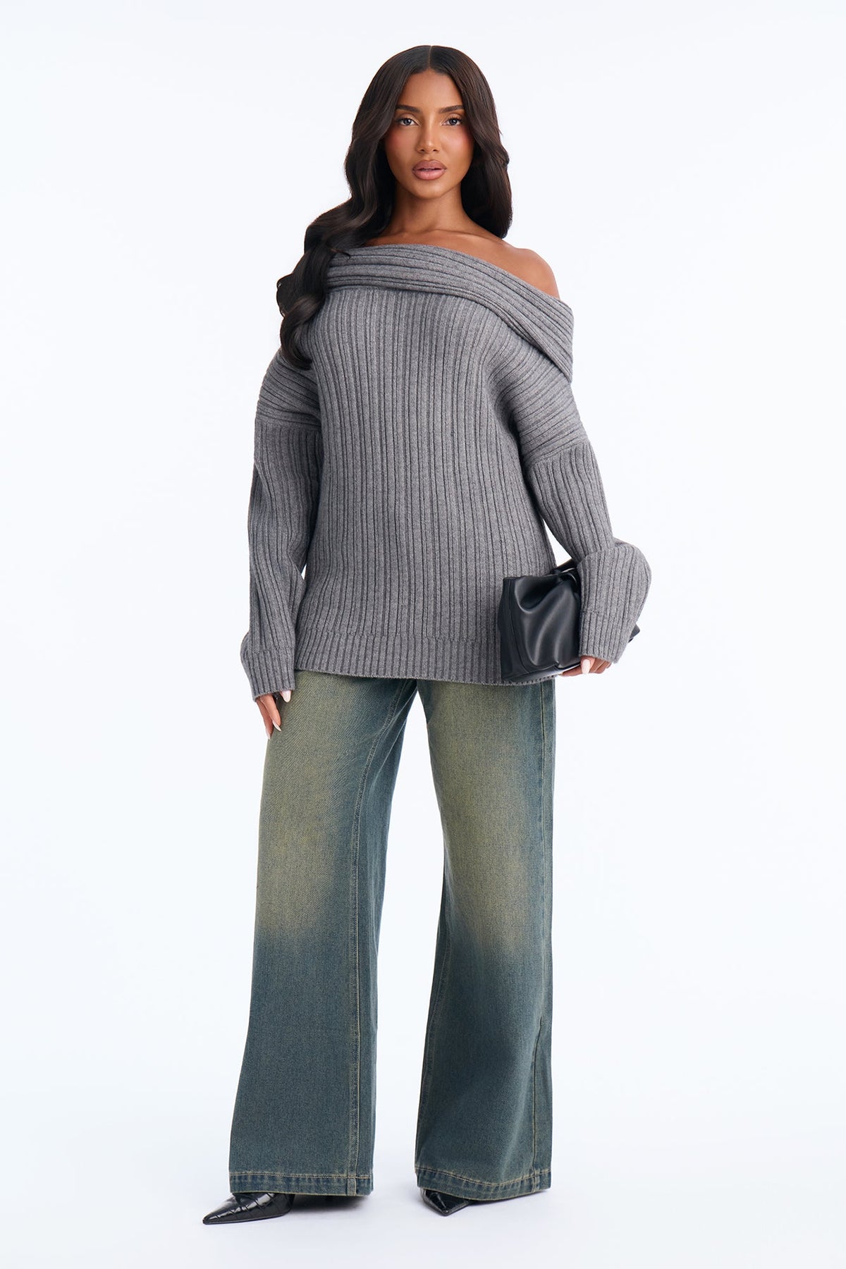 Quiet Breeze Oversized Chunky Off Shoulder Sweater - Grey
