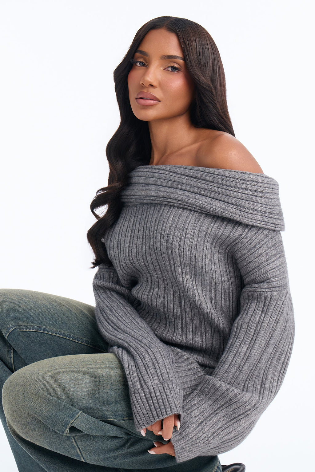 Quiet Breeze Oversized Chunky Off Shoulder Sweater - Grey