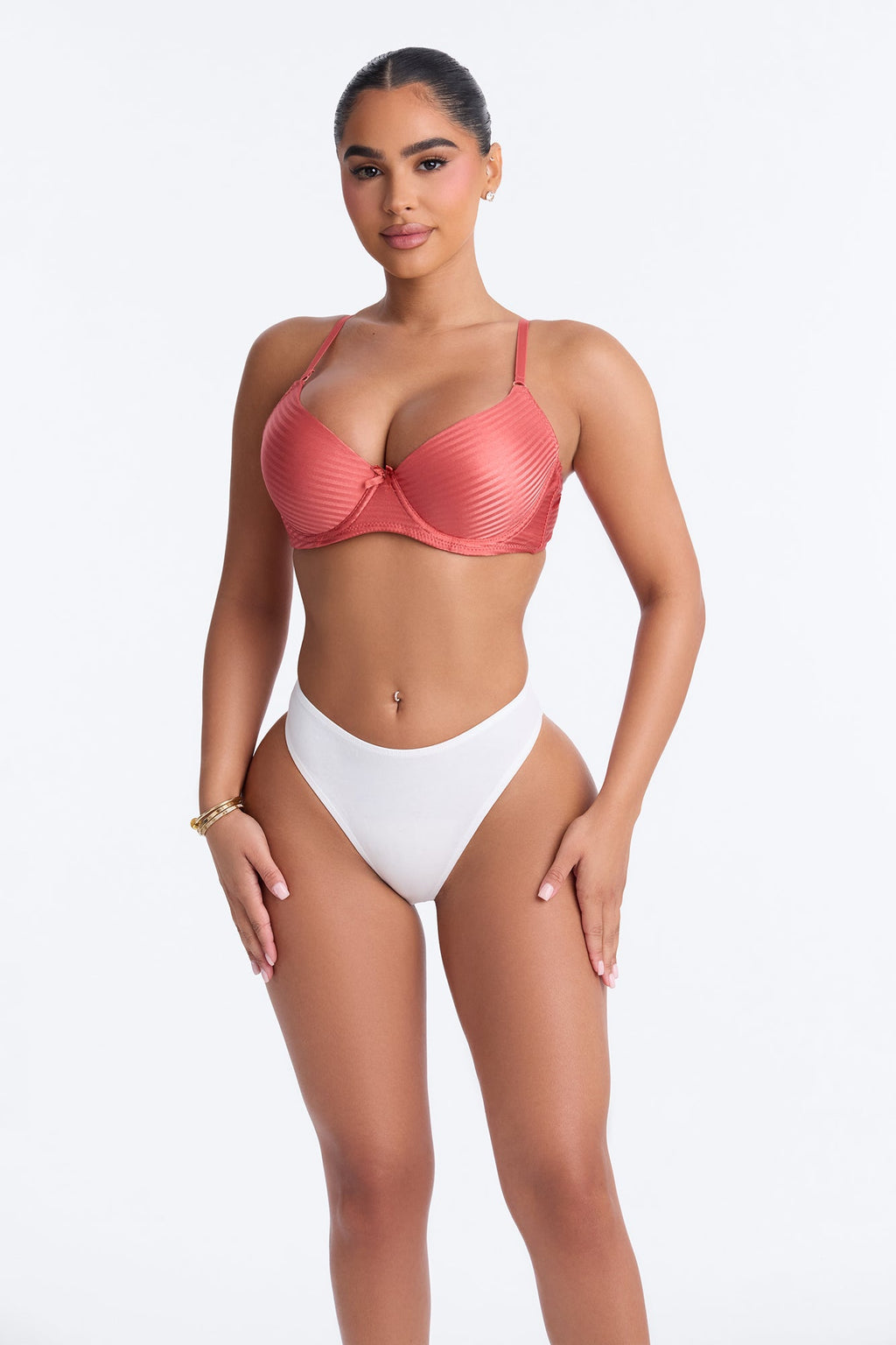 Tonal Striped Demi Molded Cup Lightly Lined Bra - Red