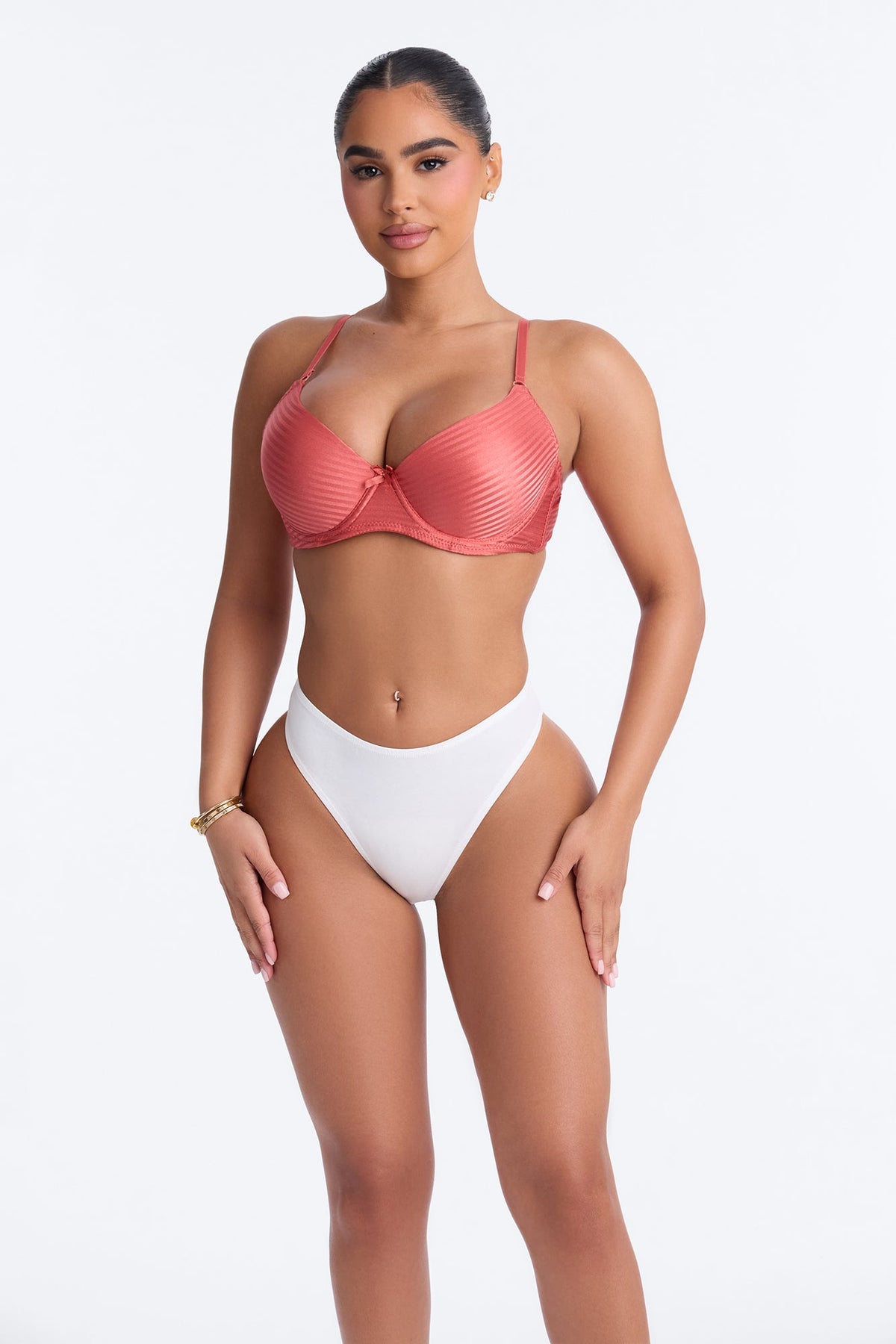 Tonal Striped Demi Molded Cup Lightly Lined Bra - Red