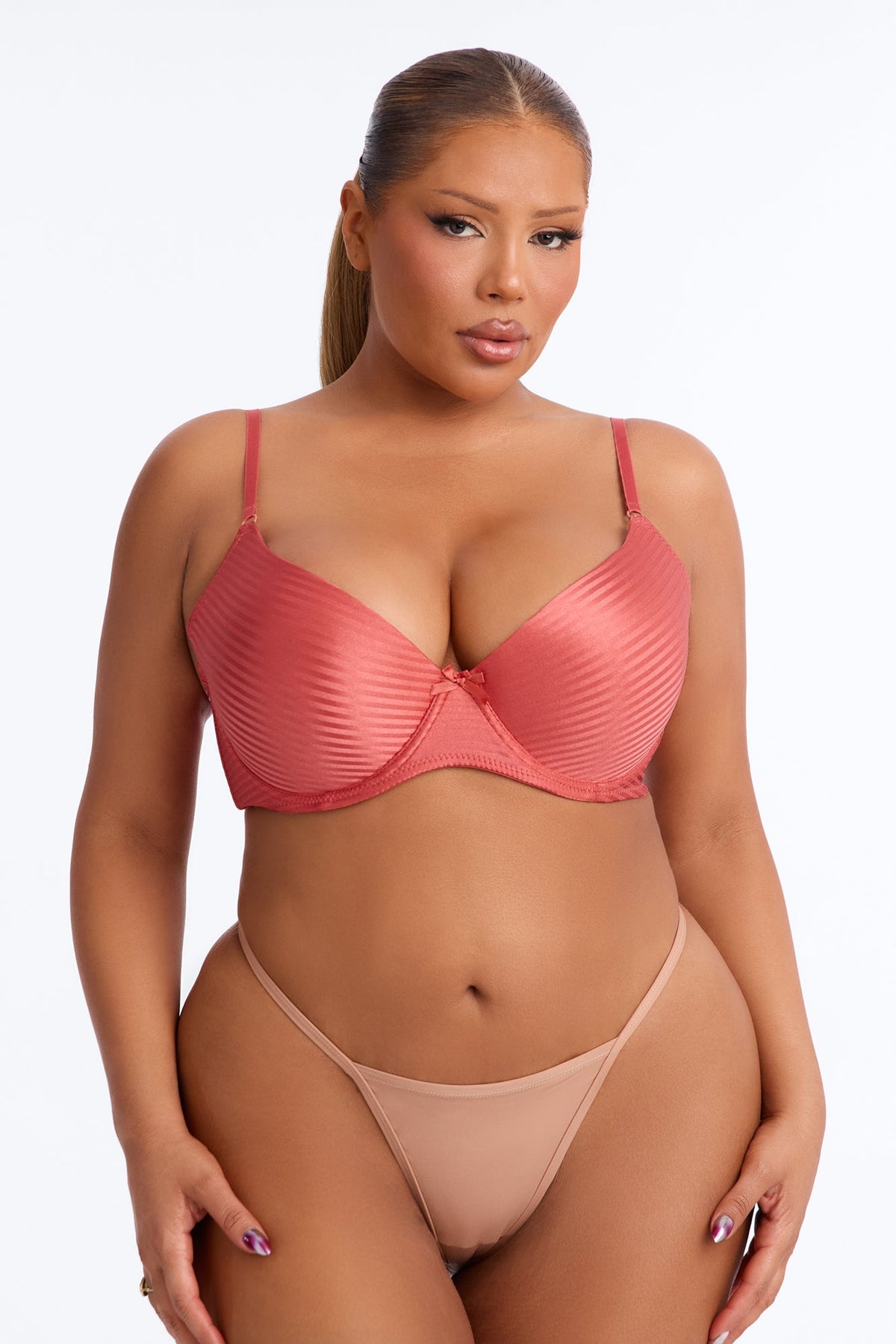 Tonal Striped Demi Molded Cup Lightly Lined Bra - Red