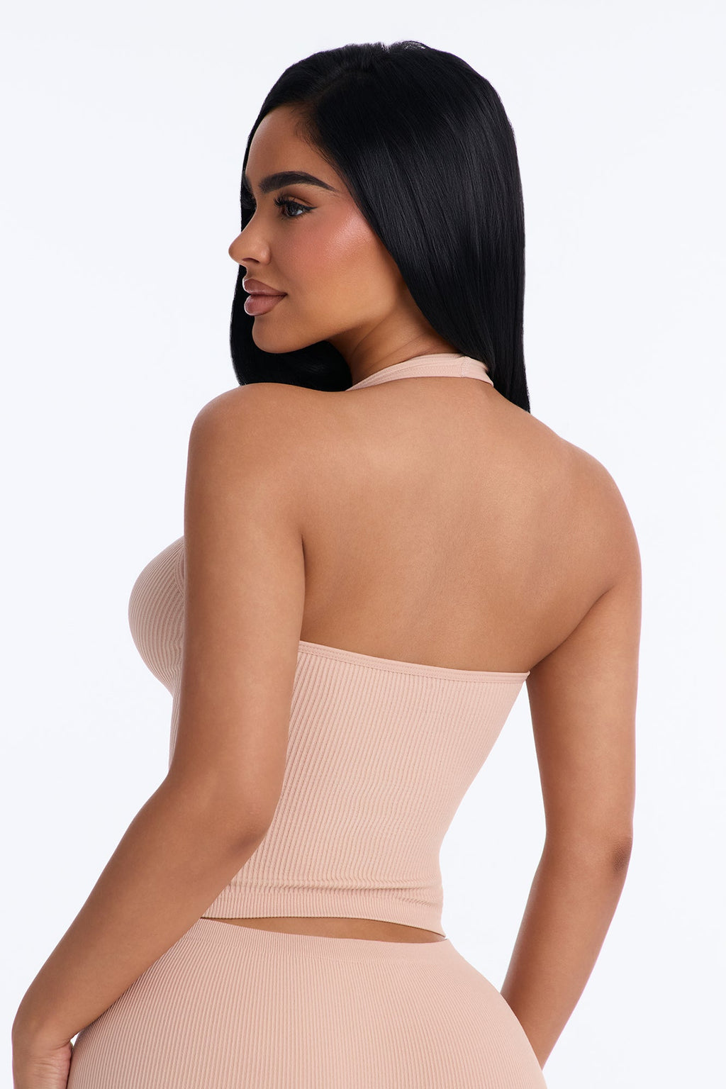 Seamless Ribbed Comfort Halter Bralette Top - Nude