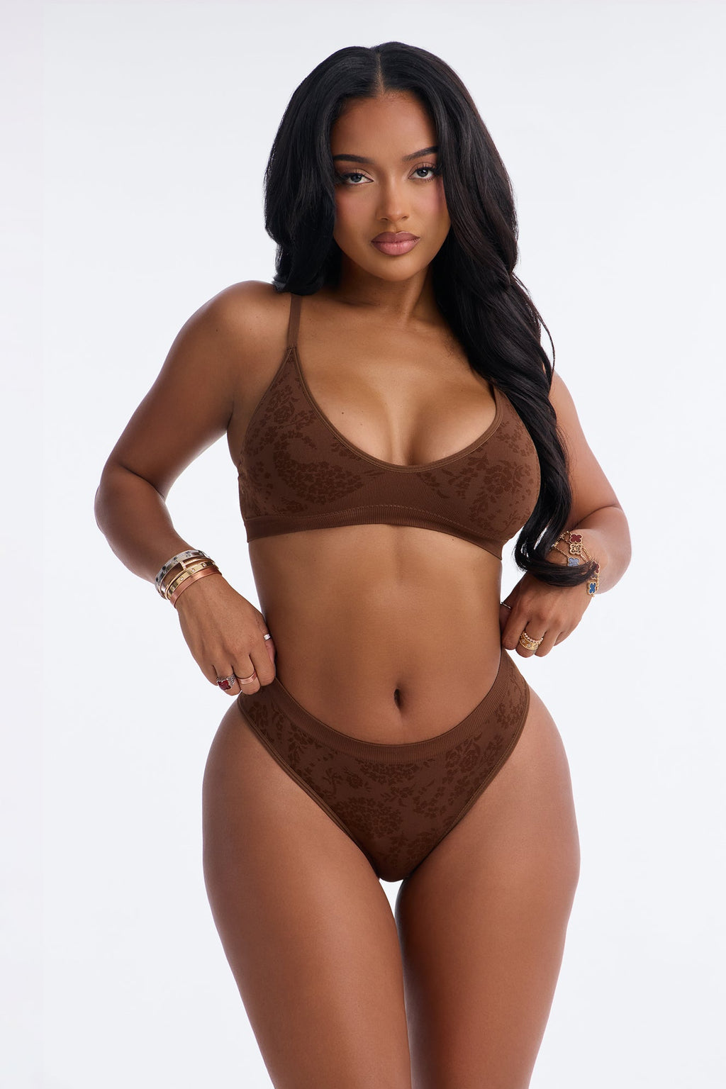Seamless Jacquard Print Thong Panty - Chocolate