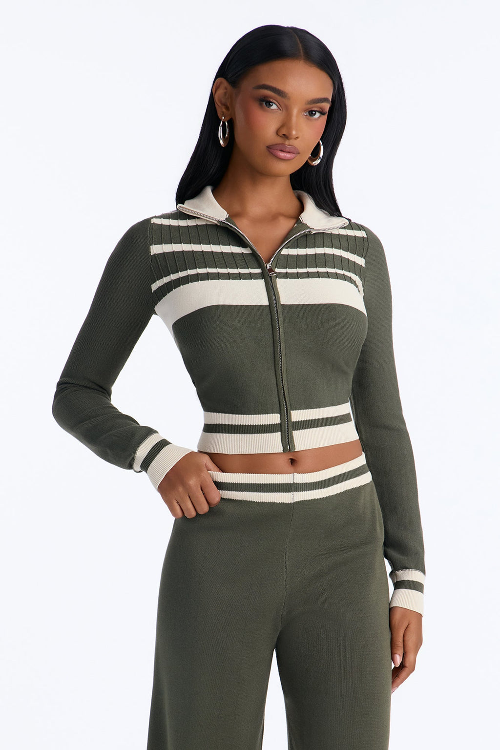 Katie Zip Up Sweater Pant Set - Olive