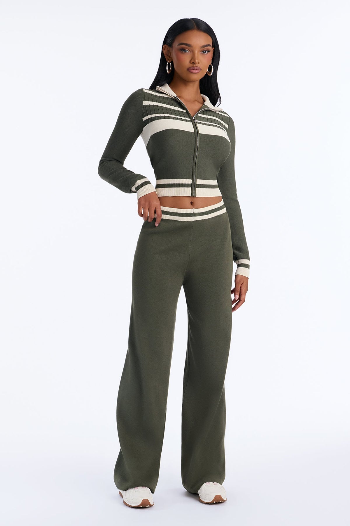 Katie Zip Up Sweater Pant Set - Olive