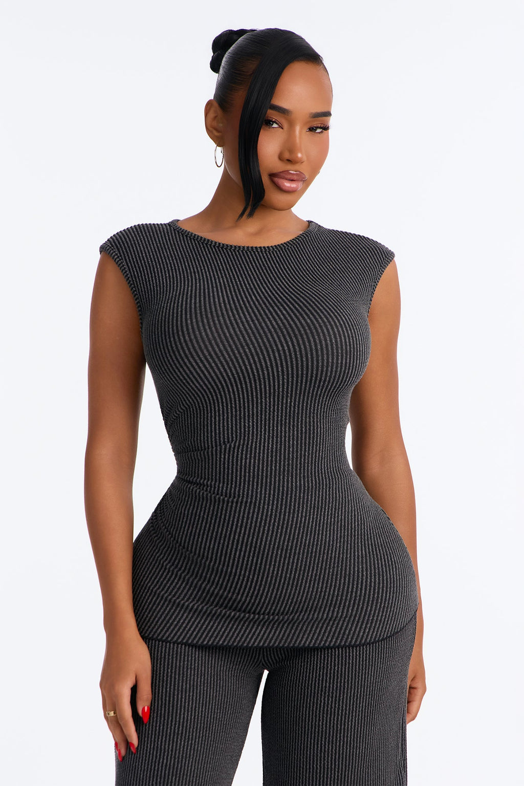Amaya Ribbed Pant Set - Charcoal
