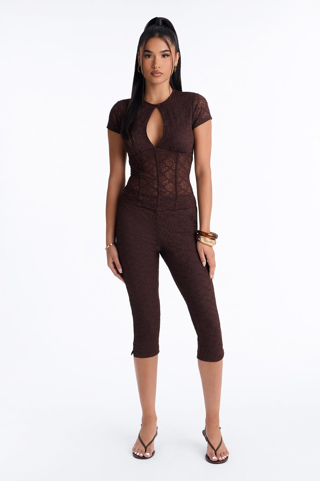 Juliana Lace Keyhole Capri Set - Brown