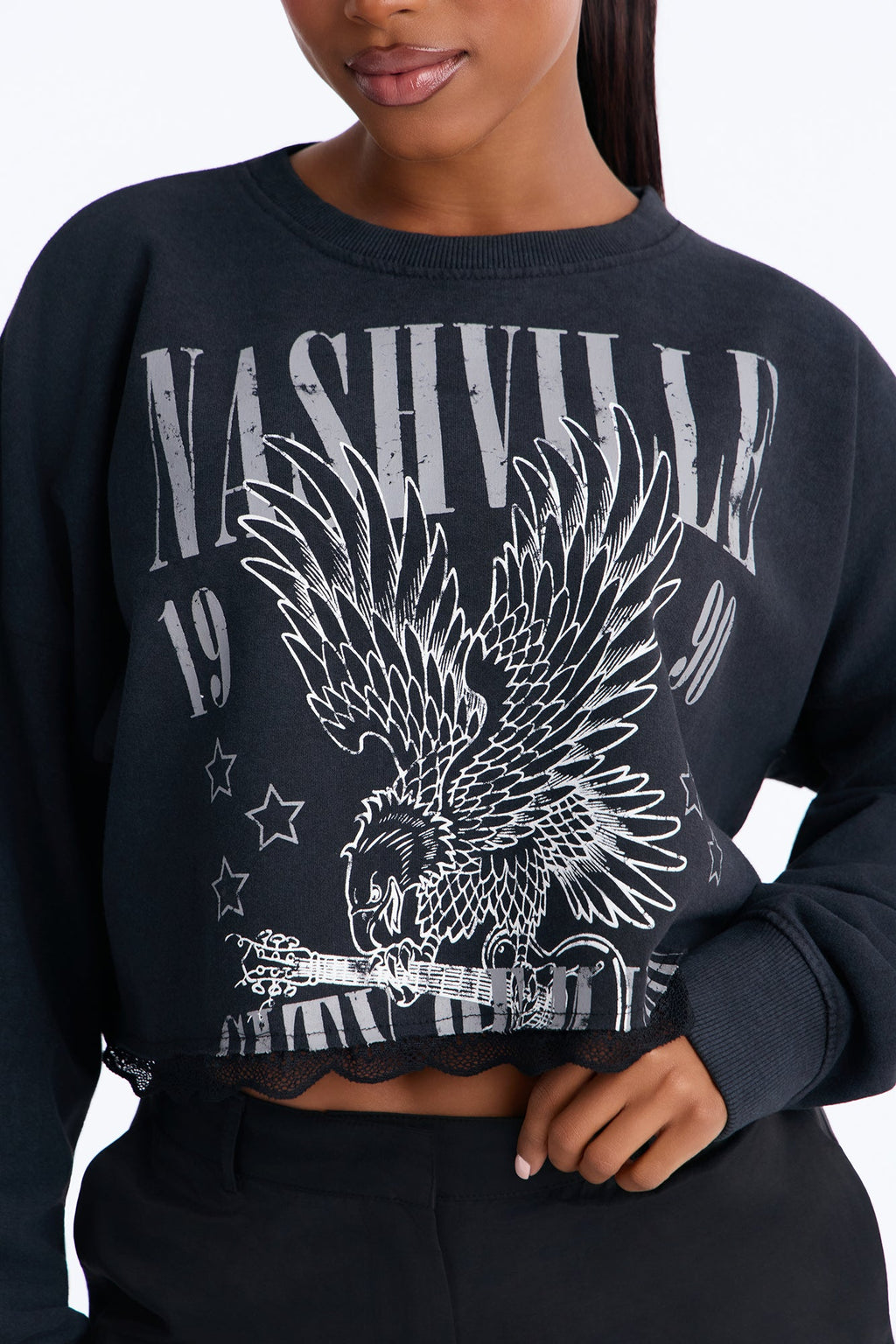 Nashville Lace Trim Cropped Sweatshirt - Black