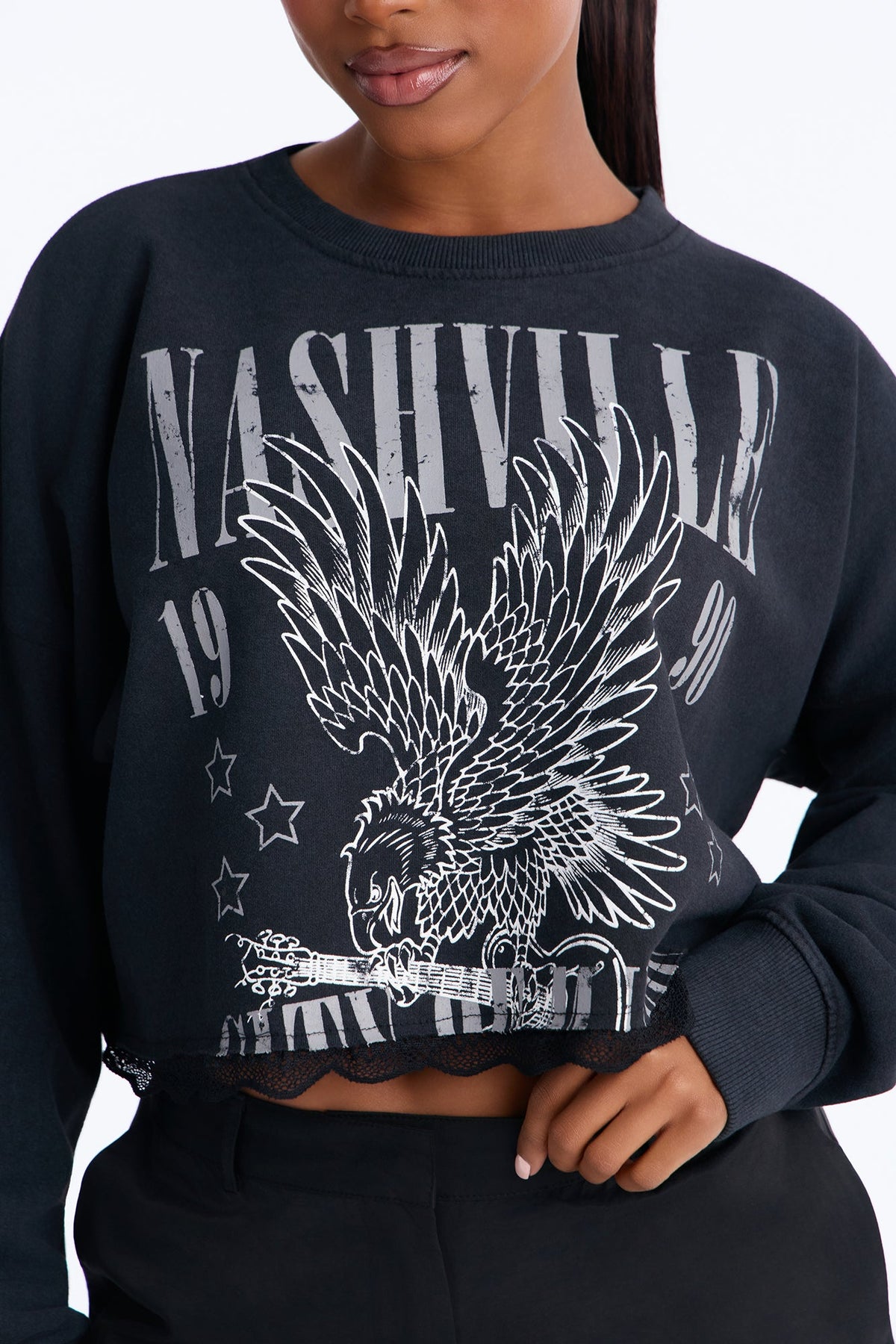 Nashville Lace Trim Cropped Sweatshirt - Black