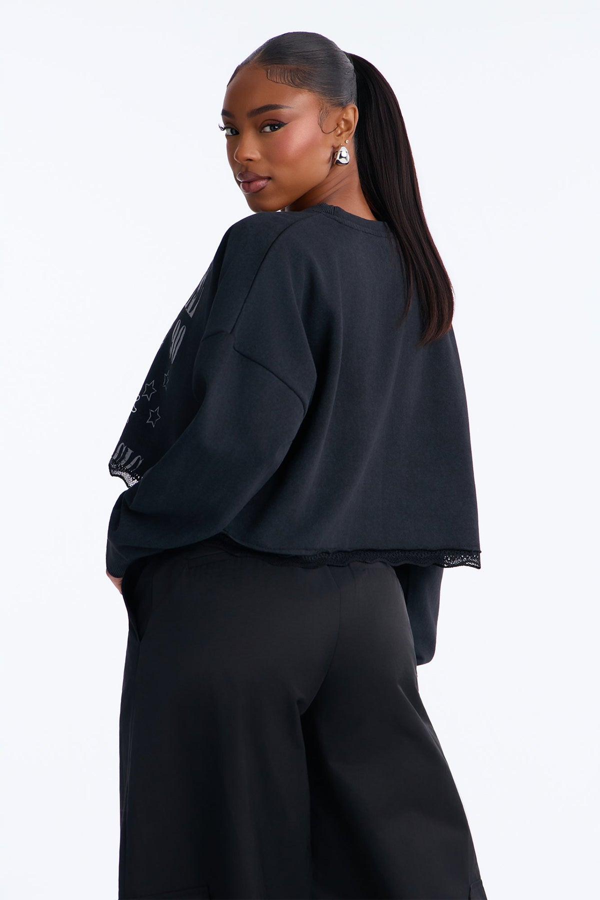 Nashville Lace Trim Cropped Sweatshirt - Black