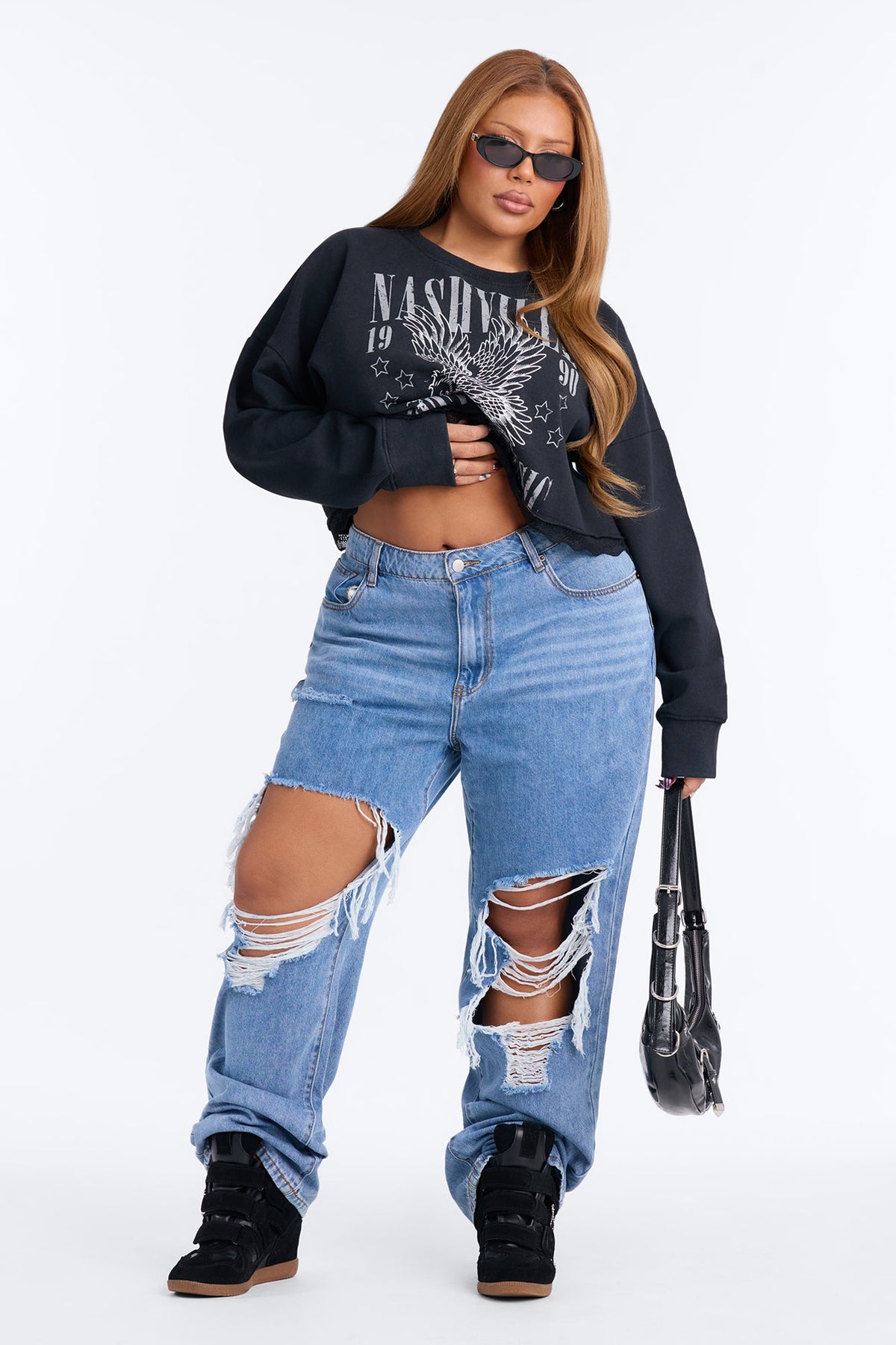 Nashville Lace Trim Cropped Sweatshirt - Black