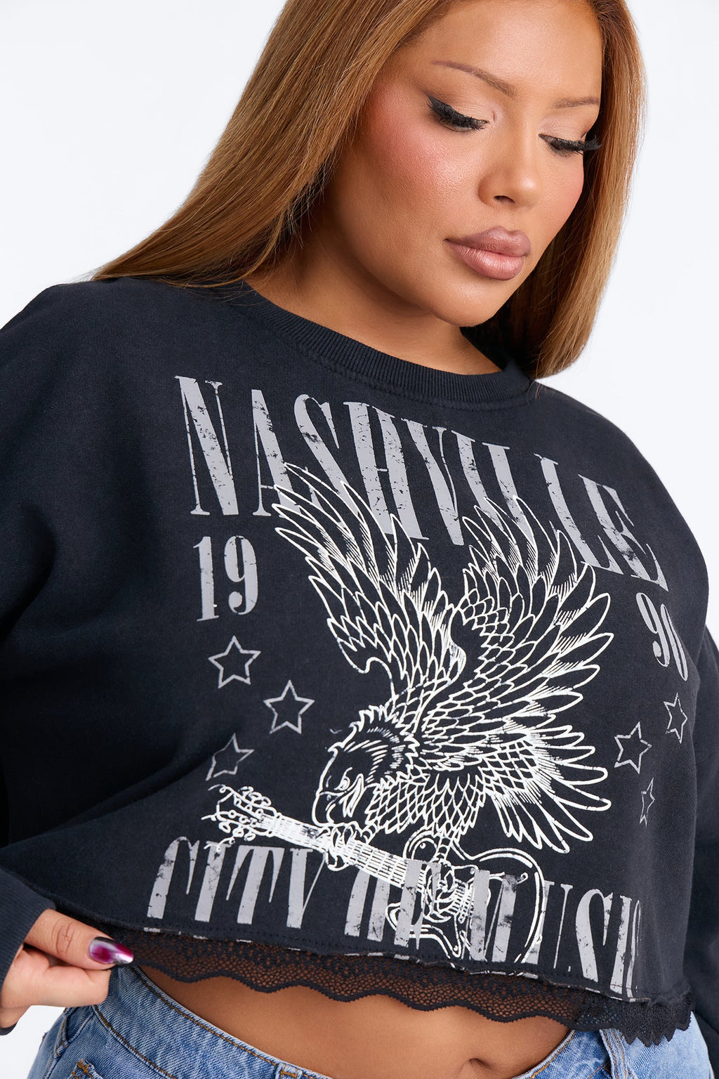 Nashville Lace Trim Cropped Sweatshirt - Black