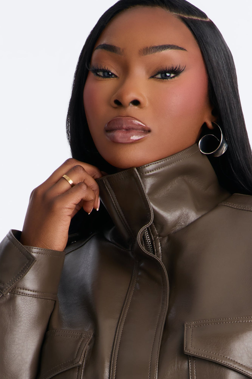 Midnight Moves Faux Leather Bomber Jacket - Olive