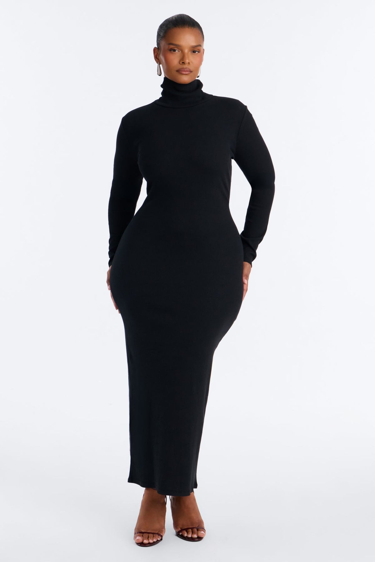 Alina Turtleneck Ribbed Midi Dress - Black